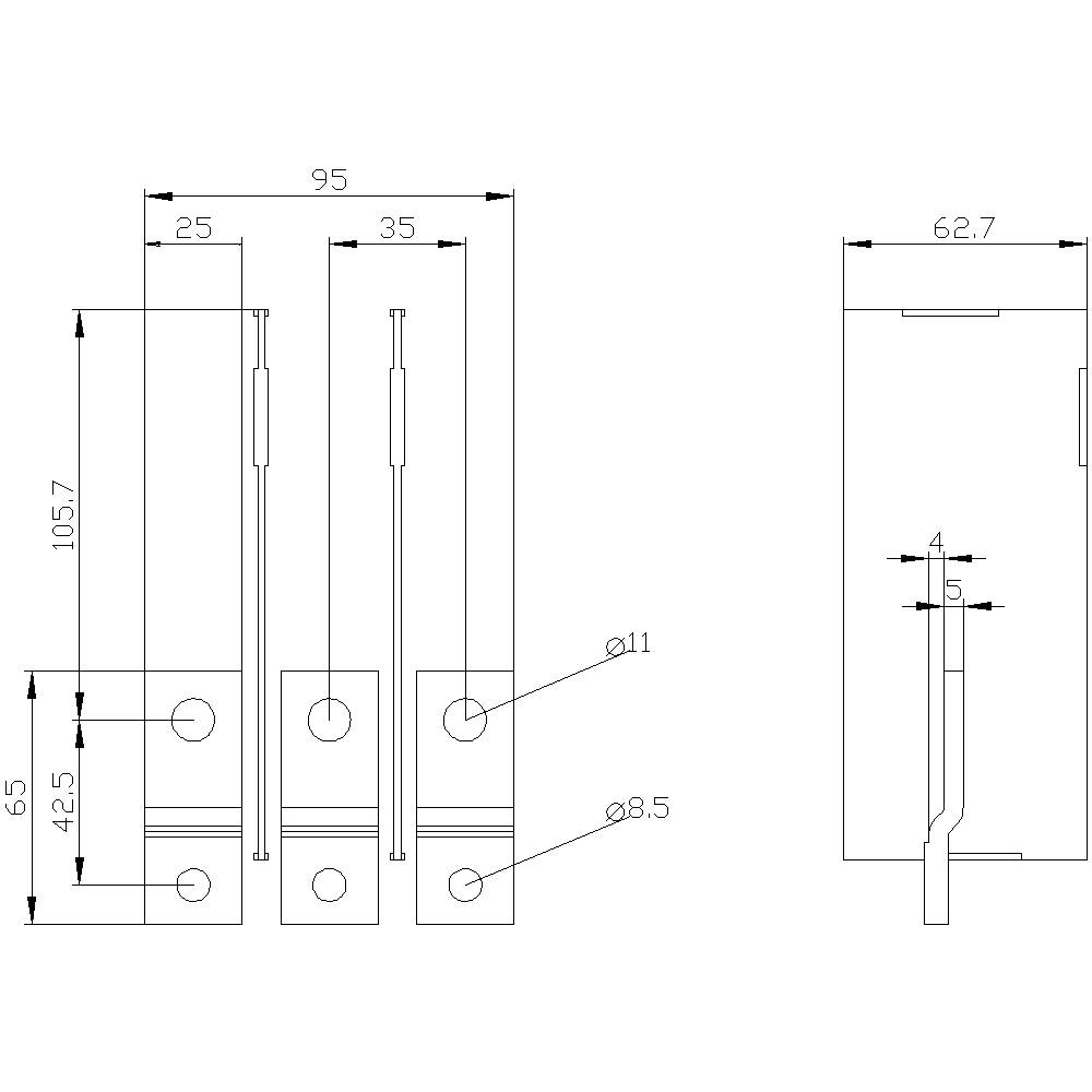 Technische Zeichnung von Metallplatten mit Bohrlöchern. Maße sind 105,7 mm x 35 mm x 4 mm. Statusansicht zeigt zwei Seitenansichten.