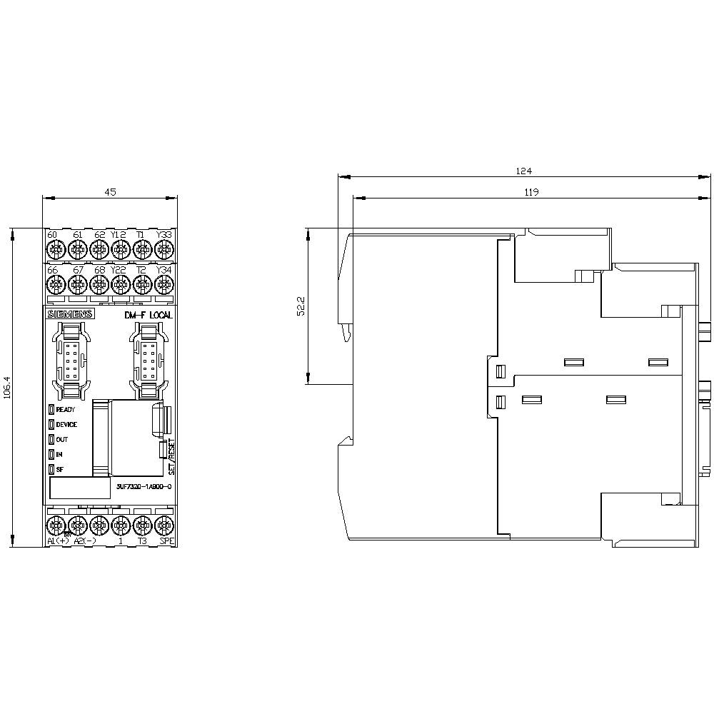 Technische Zeichnung eines elektrischen Geräts mit Abmessungen: Höhe 122 mm, Breite 124 mm. Links Schaltplan mit Anschlüssen und LEDs.