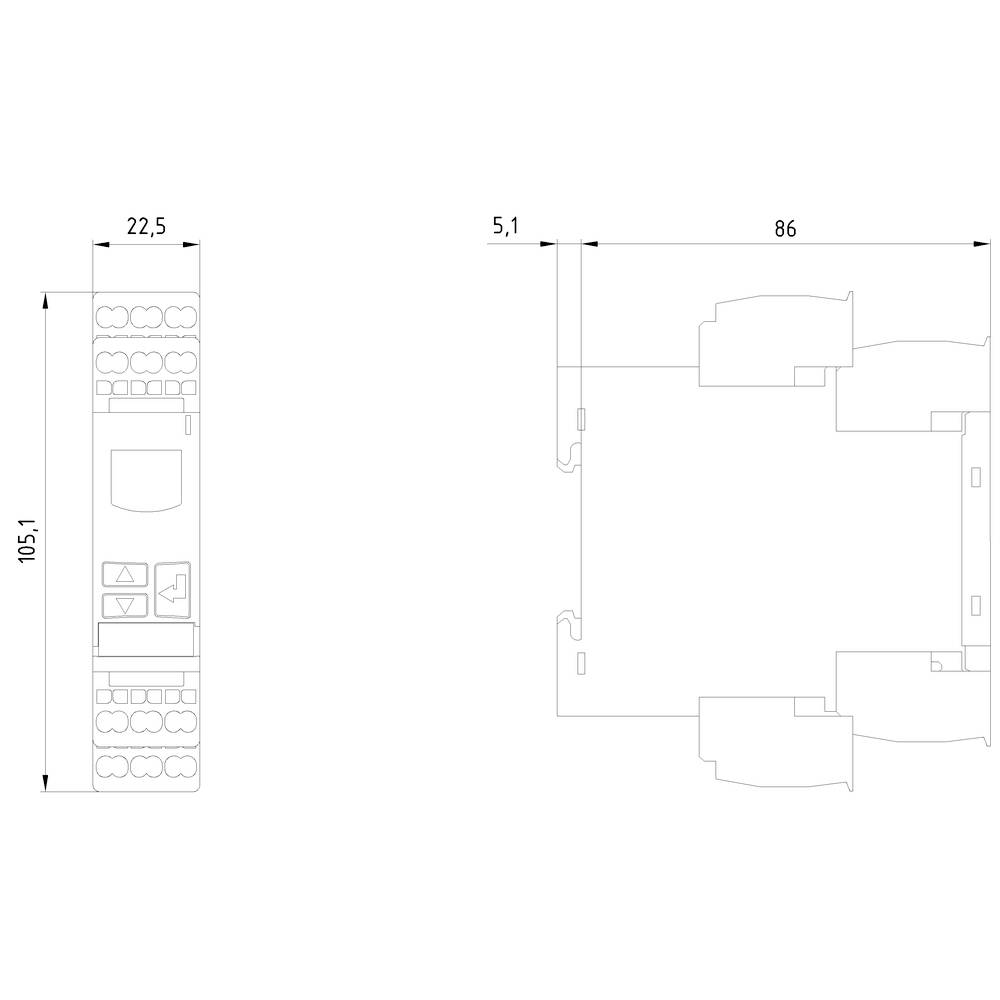 Technische Zeichnung eines rechteckigen Geräts mit Abmessungen: Höhe 105,1 mm, Breite 22,5 mm, Tiefe 86 mm.