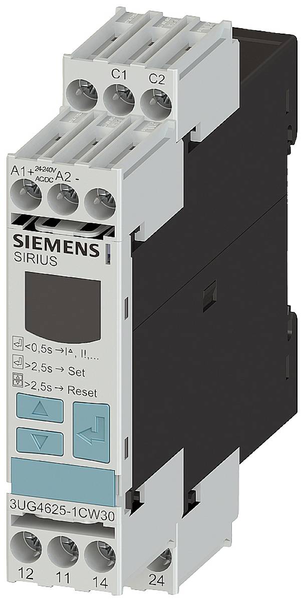 Industrieelektronikbauteil von Siemens mit Bezeichnungen 'A1+ 24DC/AC A2-', 'C1 C2', Tasten 'Set' und 'Reset' für Einstellungen.
