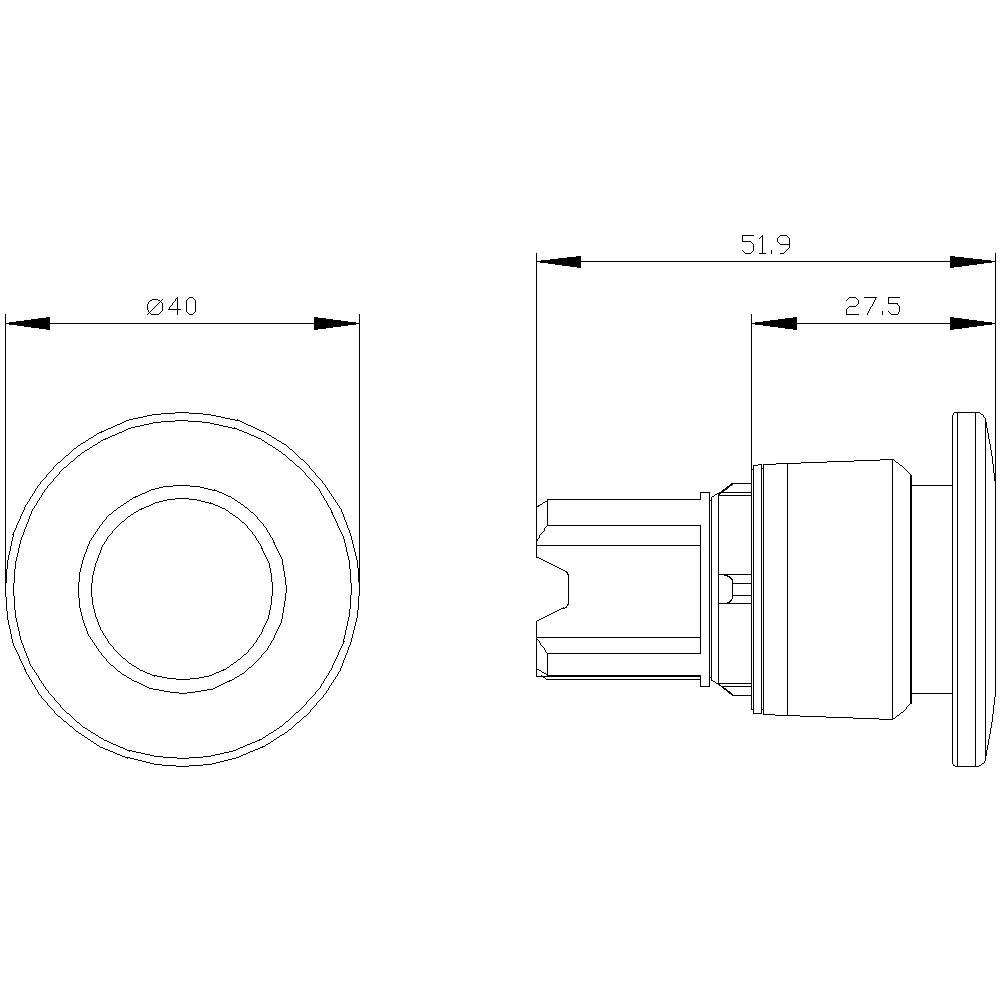 Technische Zeichnung eines zylindrischen Bauteils mit Durchmessern: 40 mm und 51,9 mm, Länge: 27,5 mm. Seiten- und Draufsicht.