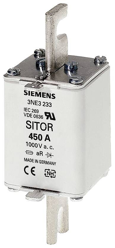 Ein quadratischer Hochspannungssicherungsblock mit Aufschrift 'SIEMENS SITOR 450 A, 1000 V a.c.' aus Metall und Kunststoff.