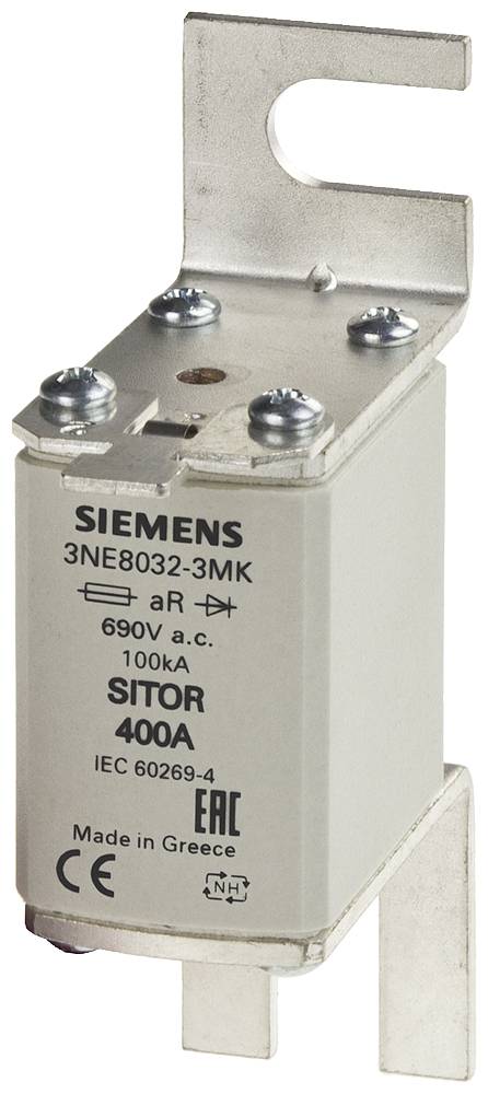Ein Sicherungseinsatz der Marke Siemens für Stromkreise bis 400A und 690V, Modellnummer 3NE8032-3MK, mit Metallhalterung.