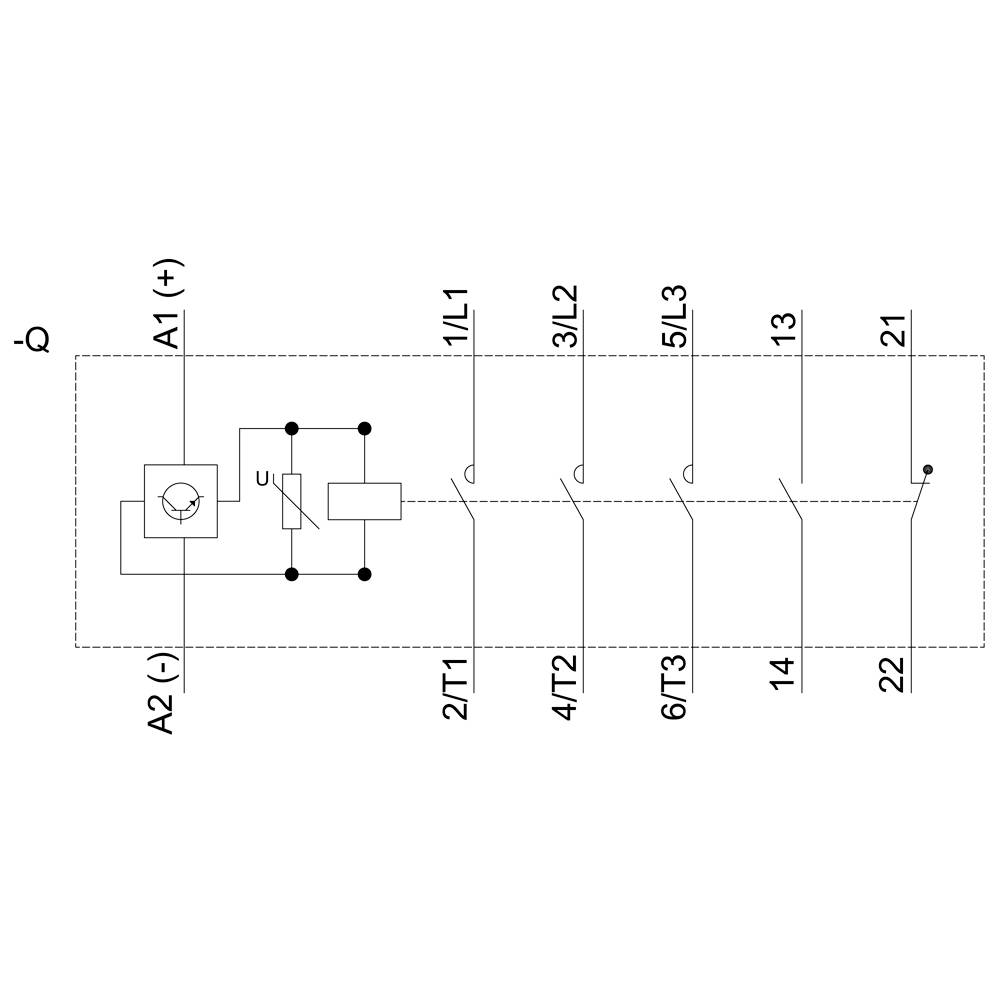 Schaltplan eines Elektromagneten mit Anschlussklemmen A1, A2, L1, L2, L3 und Steuerkontakten T1, T2, T3, 13, 14, 21, 22.