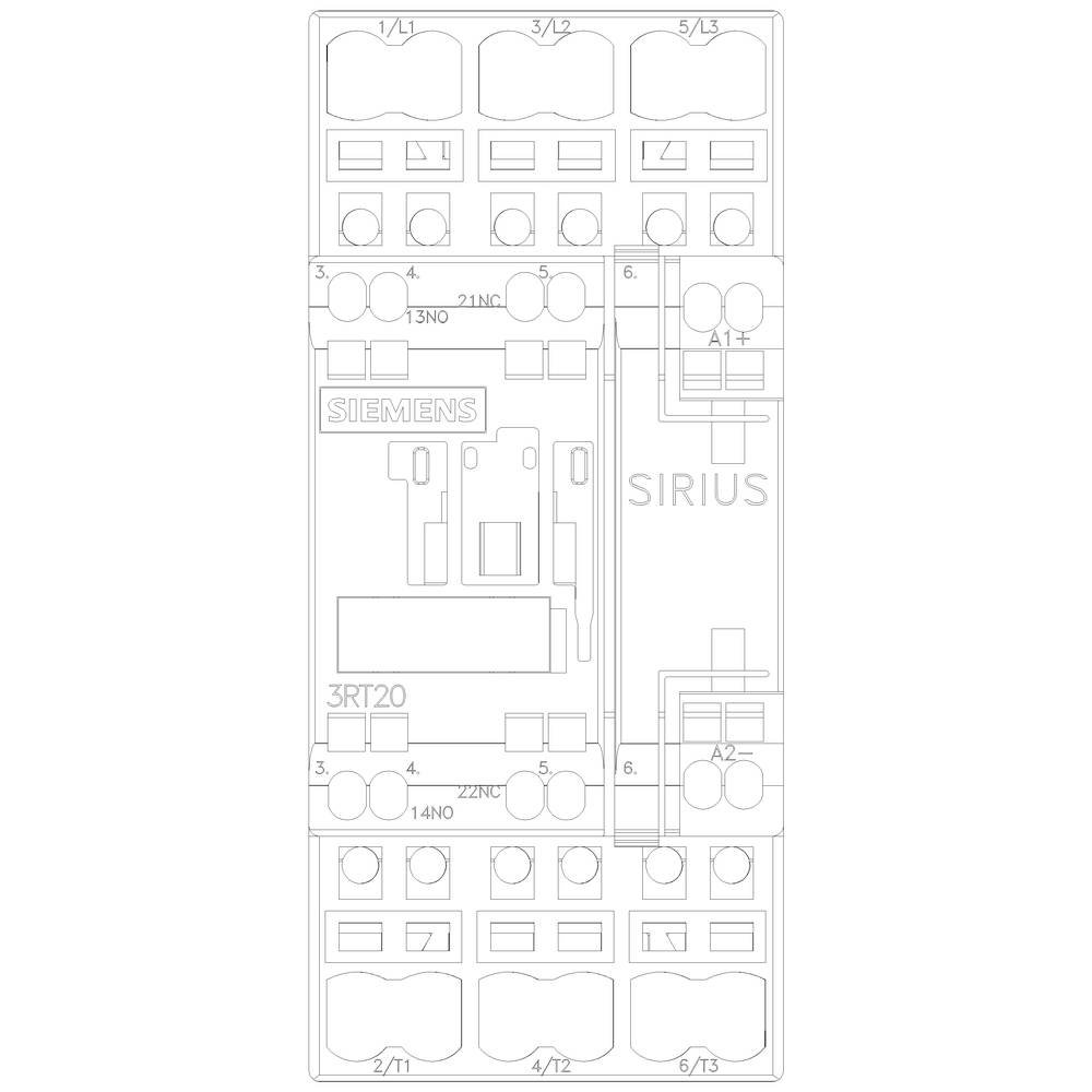 Eine technische Zeichnung eines Siemens Schützes, Modell Sirius 3RT20, mit Beschriftungen der Anschlüsse und Komponenten.
