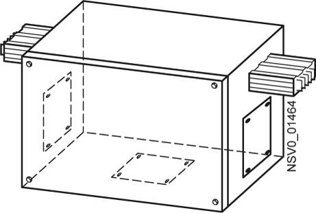 3D-Darstellung eines rechteckigen Kastens mit gestrichelten Linien, die Öffnungen auf zwei Seiten anzeigen, und Kabelanschlüssen an beiden Enden.