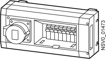 Ein technisches Diagramm zeigt eine Steckdosenleiste mit mehreren Anschlüssen und einem Sicherungskasten auf der rechten Seite.
