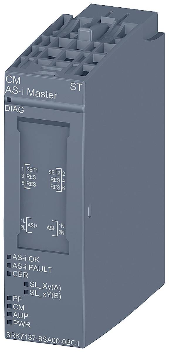 Ein graues industrielles Steuerungsmodul mit der Aufschrift 'CM AS-i Master'. Zeigt Diagnose-LEDs und Anschlussstellen.