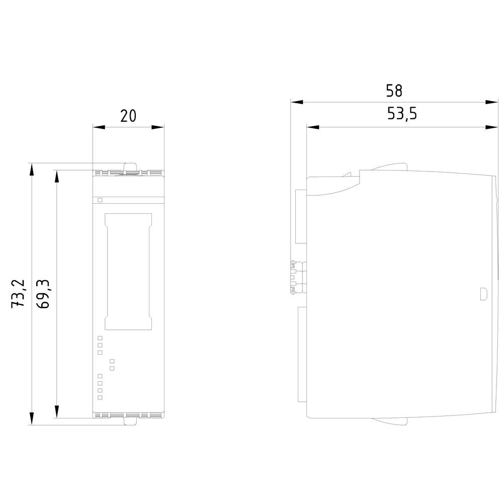 Skizze eines digitalen Zeitrelais mit Maßen: 58 mm Breite, 73,2 mm Höhe, 20 mm Tiefe. Seiten- und Vorderansicht gezeigt.