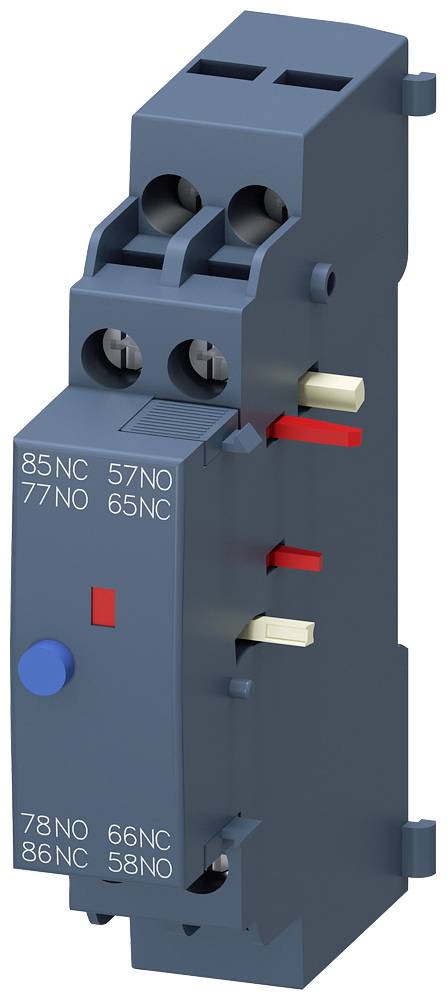 Ein elektrisches Relais mit mehreren nummerierten Kontakten. Rechteckiges, dunkles Gehäuse mit blauen und roten Elementen.