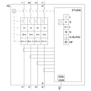 Schaltplan eines Schutzschalters mit Bezeichnungen: 'ETU856', vier Eingänge, Anzeigeelemente 'L', 'S', 'I', 'N', 'G-ALARM', 'MF'.