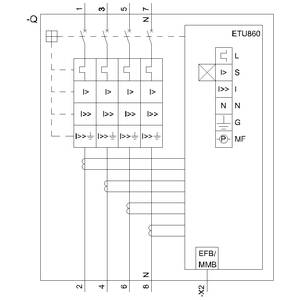 Schaltplandiagramm eines elektrischen Geräts mit vier Sicherungen, Markierungen für Einstellungen, und Anschlüssen an der Unterseite.