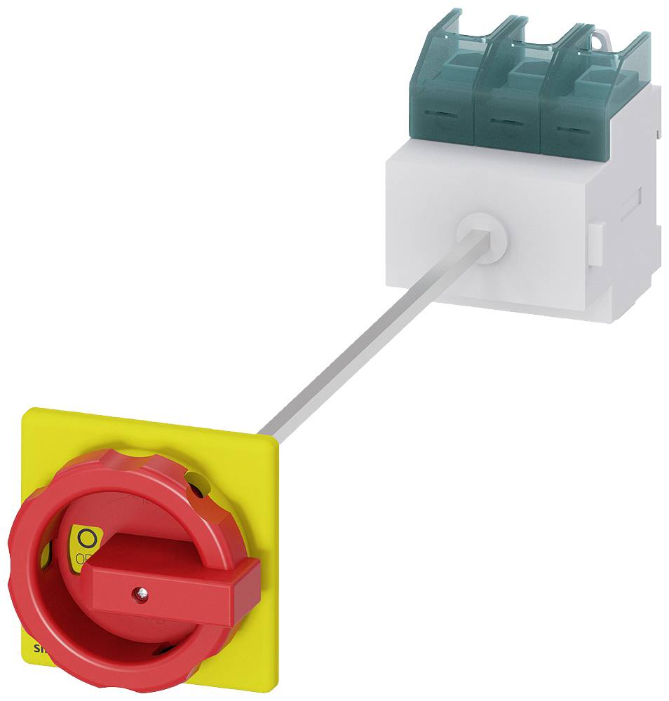 Ein Isolationsschalter mit rotem Drehgriff und gelber Platte. Verbunden mit einer weißen Einheit, die mit grünen Komponenten ausgestattet ist.