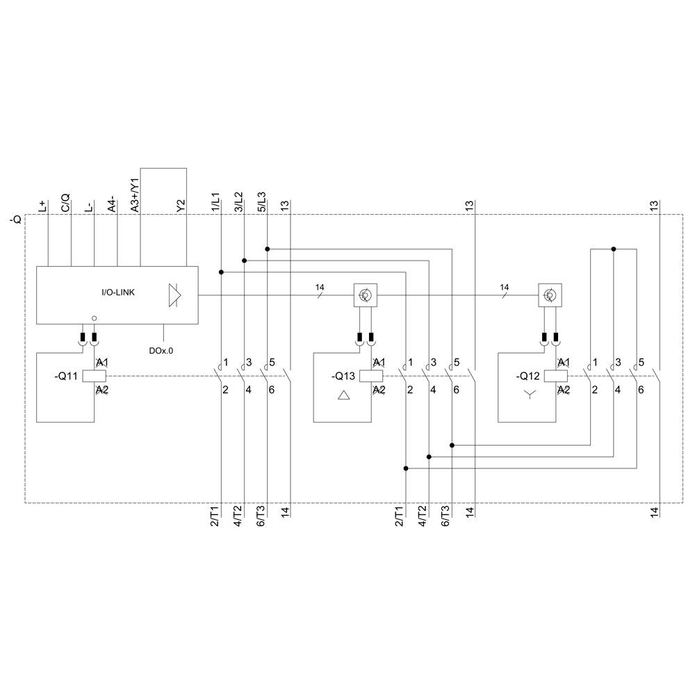 Schaltdiagramm mit IO-Link Schnittstelle und drei Relais: -Q11, -Q12, -Q13, die durch verschiedene Verbindungen verknüpft sind.