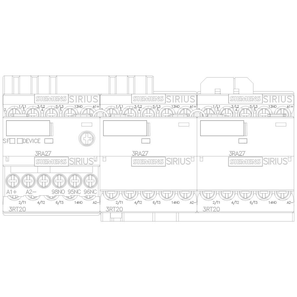 Diagramm von drei nebeneinander liegenden Siemens Sirius Geräten mit Beschriftungen und Schaltzeichen, die die Verdrahtung anzeigen.