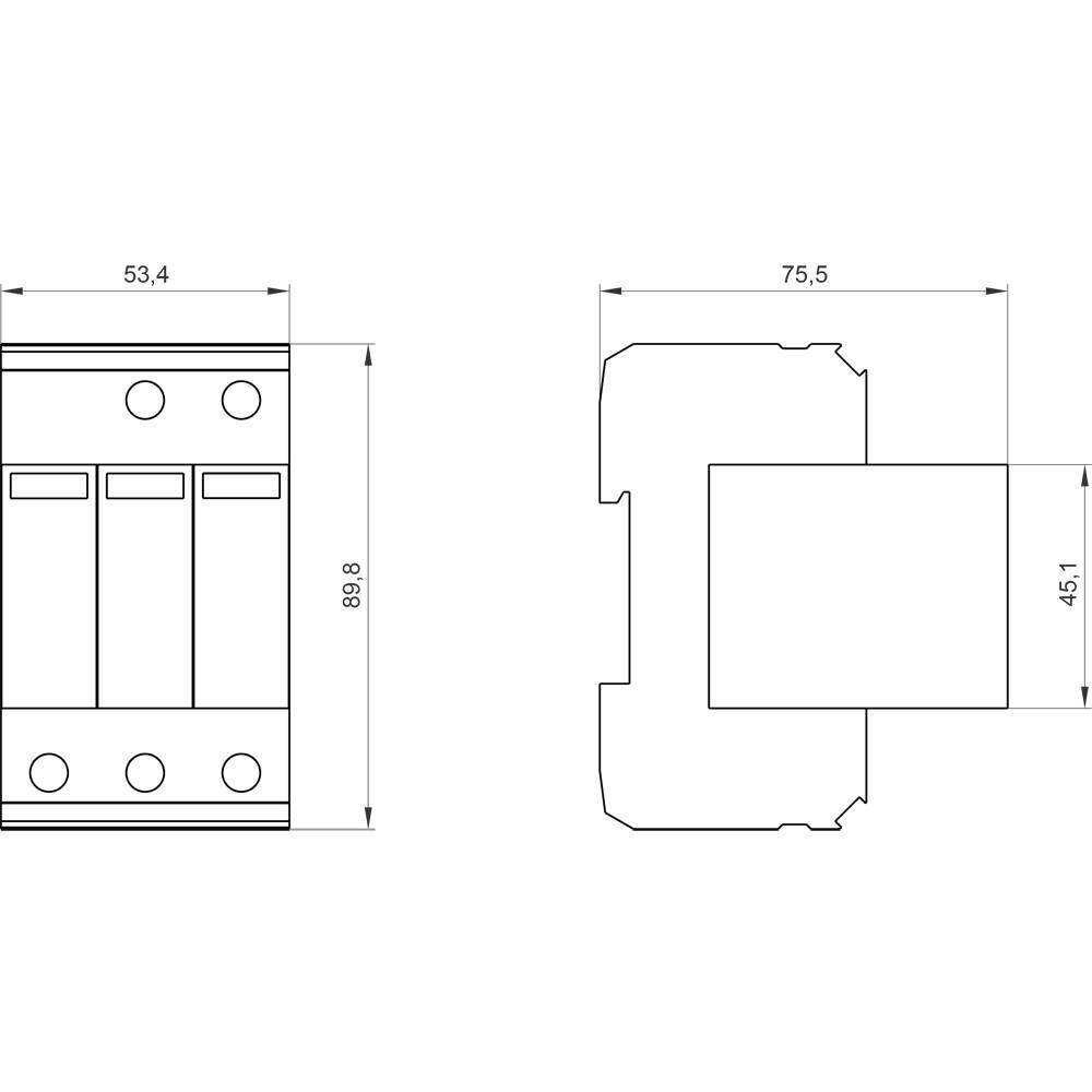 Technische Zeichnung eines Geräts mit Abmessungen: Breite 53,4 mm, Höhe 88 mm, Tiefenansicht 75,5 mm. Links und Frontansicht.