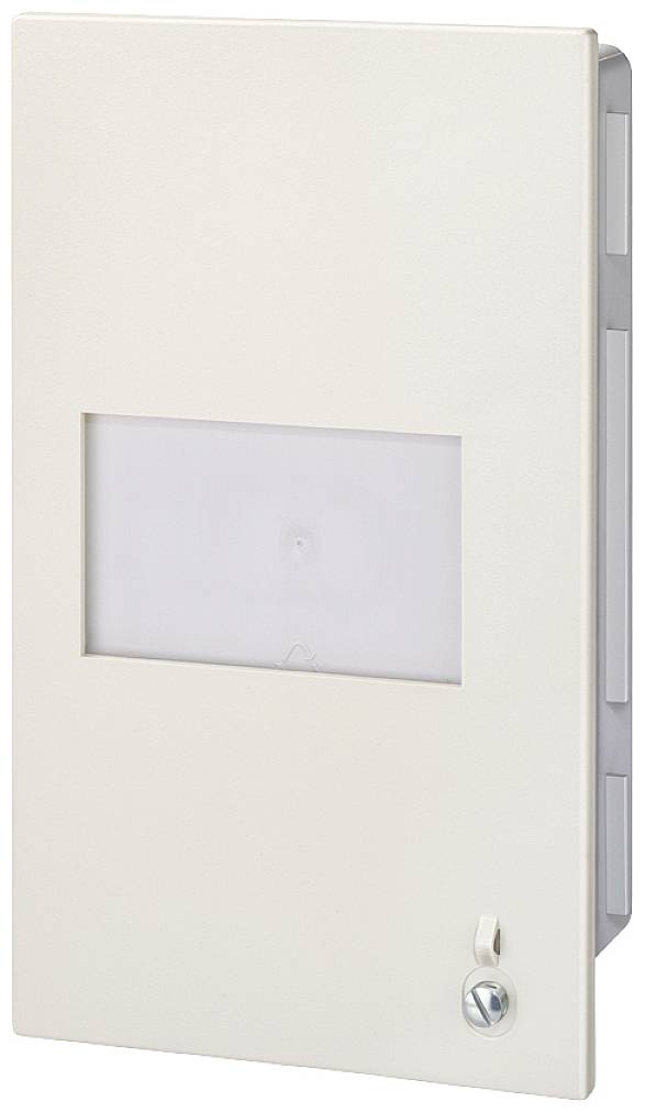 Ein rechteckiger, cremefarbener Sicherungskasten mit Sichtfenster und einem Schlüssel zum Verschließen auf der Vorderseite.