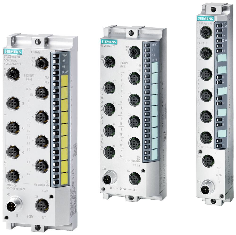 Drei Automatisierungsgeräte mit mehreren Anschlussbuchsen und Kontrollanzeigen von Siemens, genutzt für industrielle Steuerungssysteme.