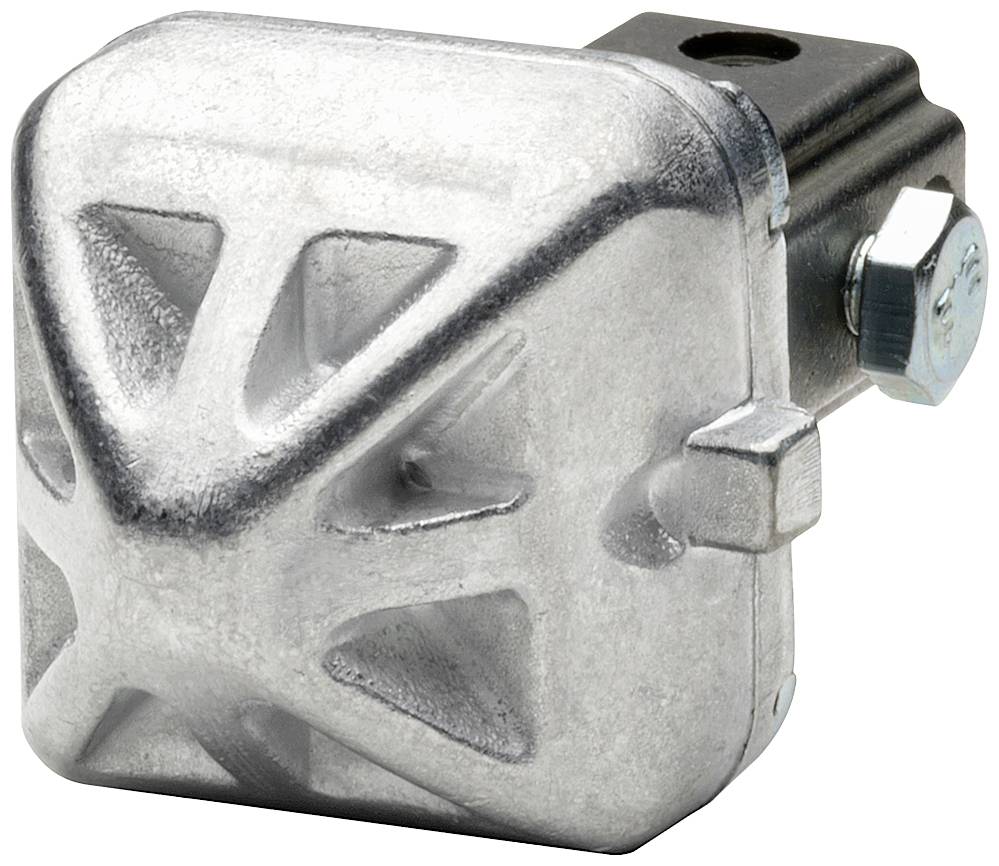 Metallbeschlag mit quadratischer Form und diagonalem Design, befestigt an einer dunklen Basis mit einer Schraube.