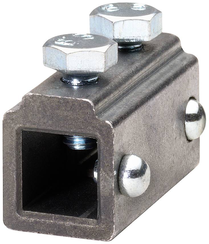 Metallverbindungsstück mit zwei Sechskantschrauben oben und seitlichen Bolzen; quadratische Öffnung für Rohrbefestigung.