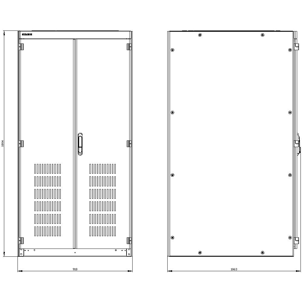 Zeichnung eines rechteckigen Schranks mit Belüftungsgittern und Griff. Abmessungen 998 mm x 1622 mm. Vorder- und Seitenansicht.