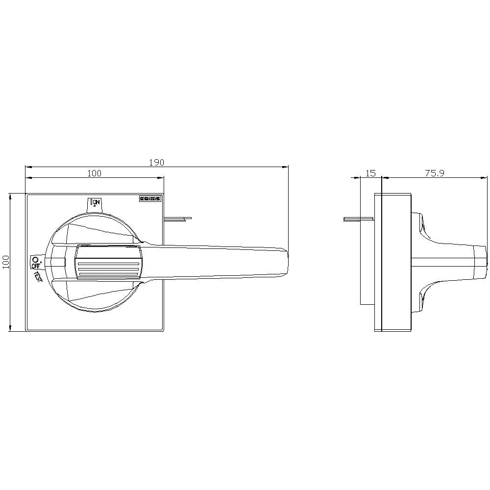 Technische Zeichnung eines Türgriffs mit Maßen: Breite 100 mm, Länge 190 mm. Draufsicht und Seitenansicht werden gezeigt.
