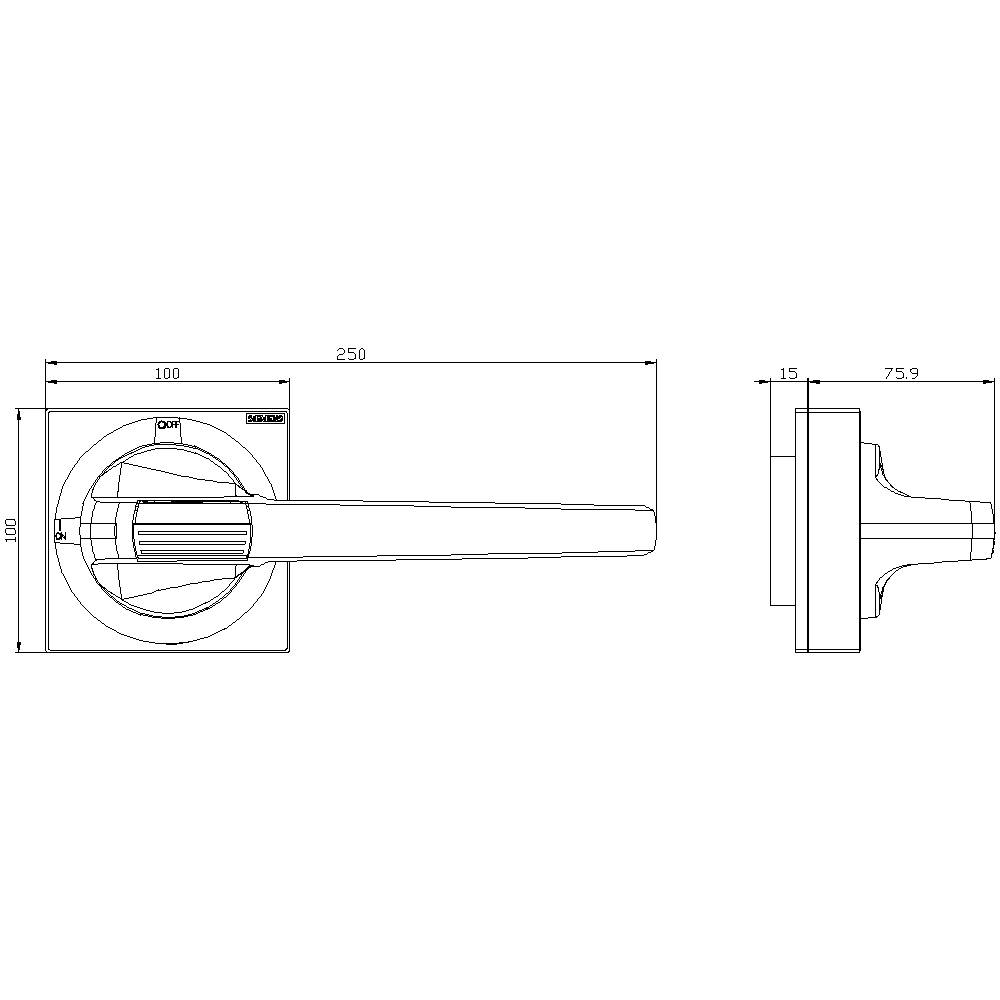 Türgriffzeichnungen mit Maßangaben: Länge 250 mm, runde Rosette Durchmesser 50 mm, Seitenansicht Länge 75,9 mm.