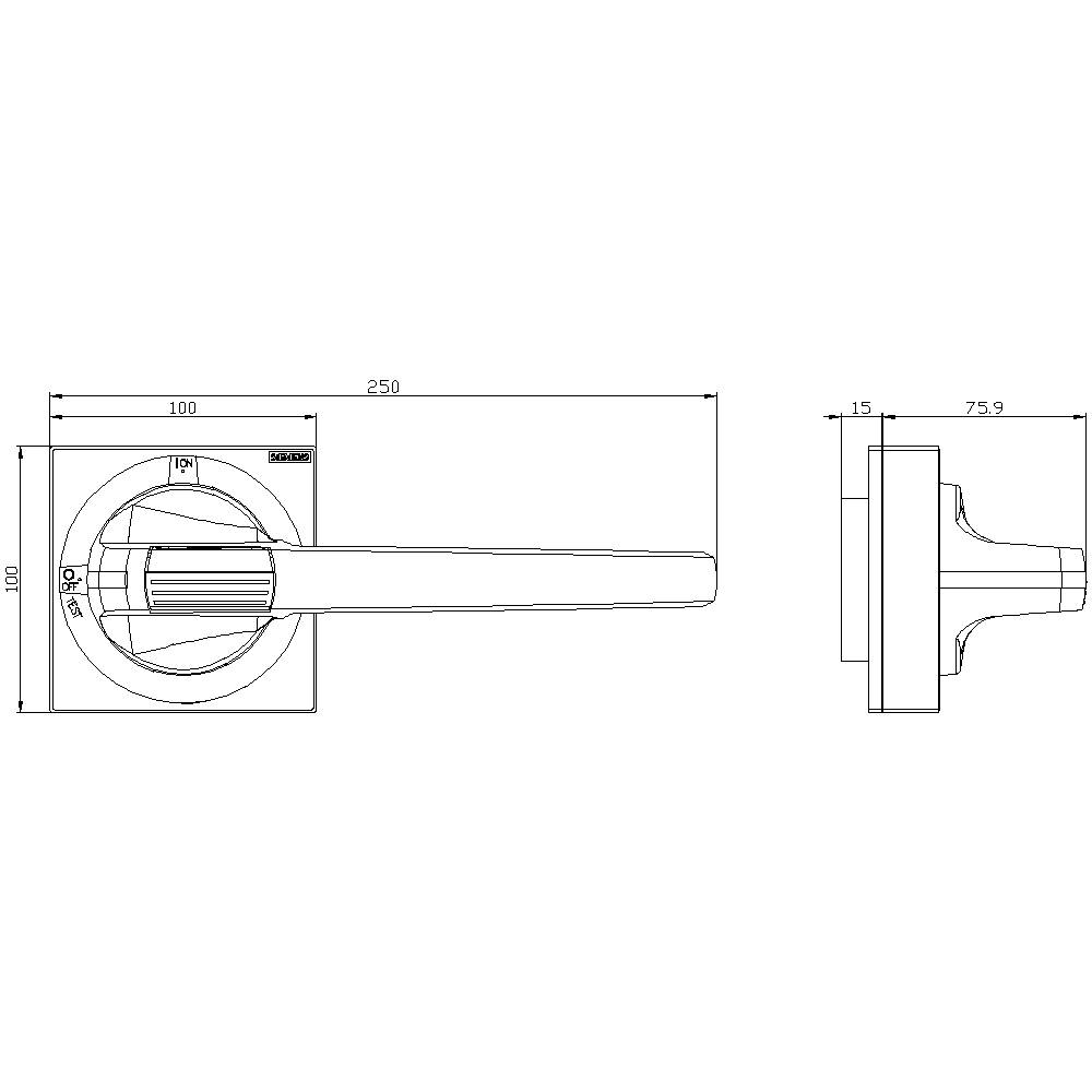 Technische Zeichnung eines Türgriffs mit Beschriftungen der Maße: Länge 250 mm, Höhe 75,9 mm, Breite 15 mm. Profilansichten von vorn und der Seite.