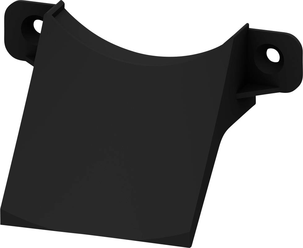 Ein schwarzes, rechteckiges Bauteil mit abgeschrägten Kanten und zwei Befestigungslöchern an den oberen Ecken.