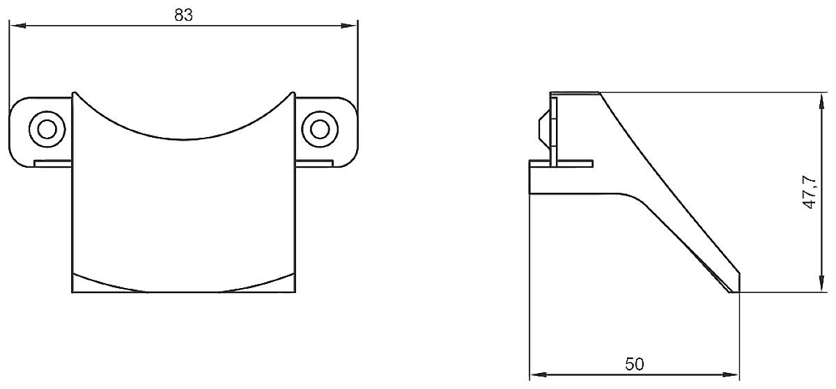 Technische Zeichnung eines Beschlags mit den Maßen: Breite 83 mm, Höhe 47,7 mm, Tiefe 50 mm. Seiten- und Frontansicht.