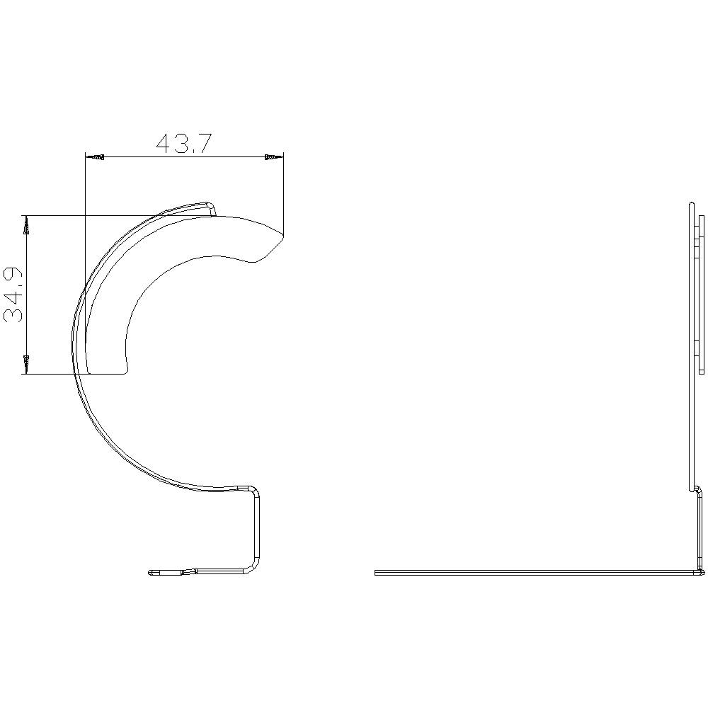 Technische Zeichnung eines Halters mit Bemaßungen: vertikal 34,9 mm und horizontal 43,7 mm. Seiten- und Draufsicht gezeigt.