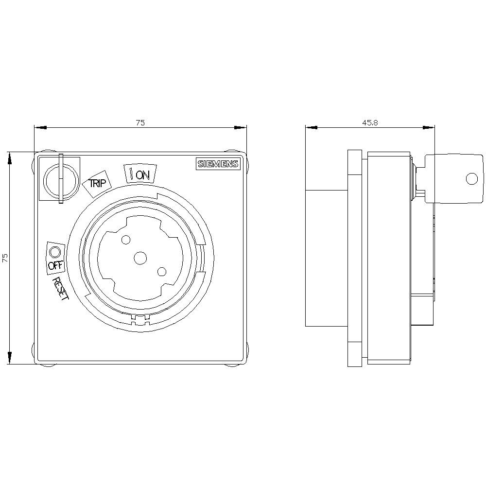 Schaltplan eines Siemens-Schalters mit Maßen 75x75 mm und 45,8 mm Tiefe. Markierungen für 'TRIP' und 'ON'. Seiten- und Vorderansicht.