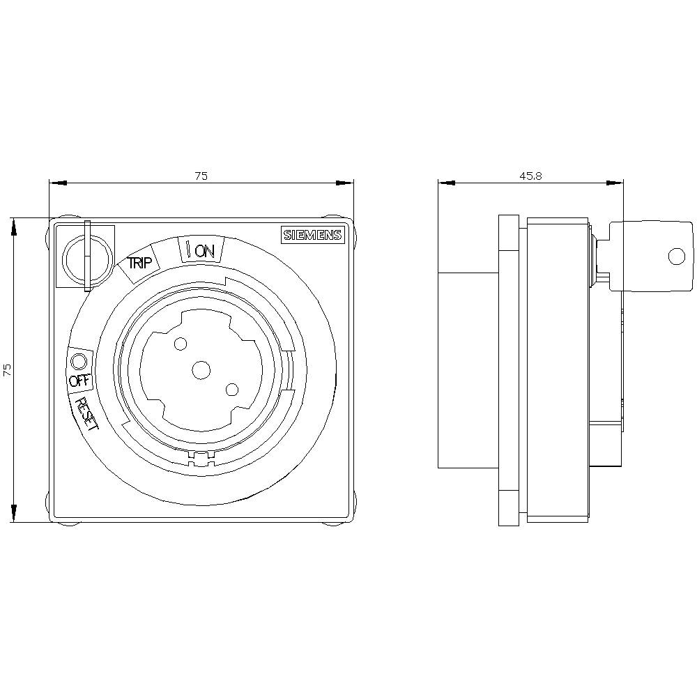 Zeichnung eines elektrischen Schalters mit Front- und Seitenansicht. Beschriftet mit 'TRIP', 'ON', 'OFF', 'RESET'. Maße: 75mm x 45,8mm.