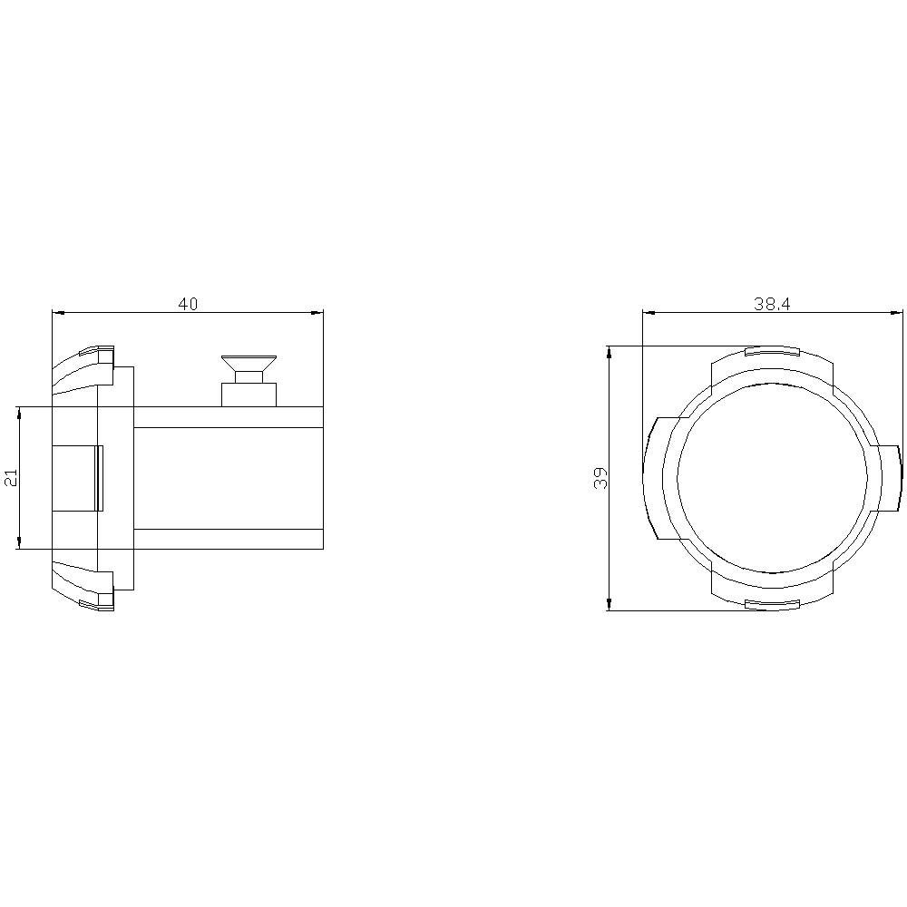 Technische Zeichnung eines Bauteils mit zwei Ansichten: Seitenansicht und Draufsicht. Maße: 40x21 mm in der Seitenansicht, 38,4x39 mm in der Draufsicht.