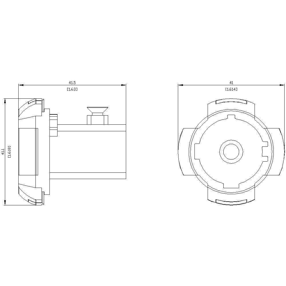 Technische Zeichnung einer mechanischen Komponente mit Seiten- und Vorderansicht. Details wie Maße und Montagelöcher sind angegeben.