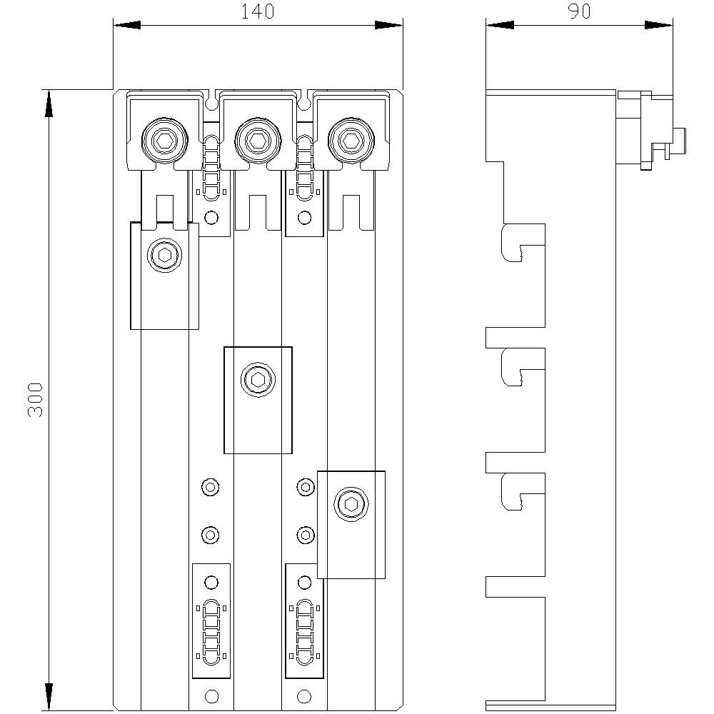 Technische Zeichnung eines elektrischen Komponentenmoduls mit Abmessungen: Breite 140 mm, Höhe 300 mm, Tiefe 90 mm. Zeigt vordere und seitliche Ansichten mit Details der Anschlüsse.
