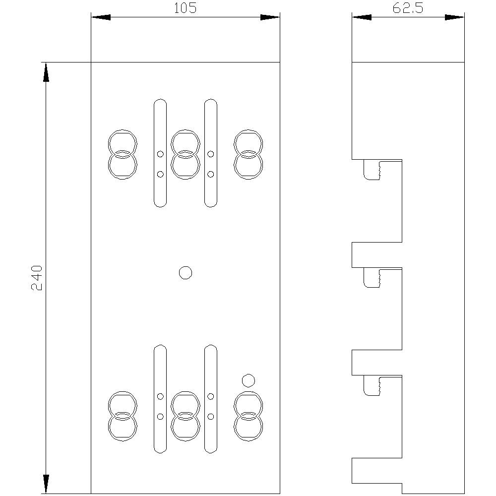 Technische Zeichnung einer Platte mit Abmessungen: Breite 105 mm, Höhe 240 mm, Tiefe 62,5 mm. Zeigt Bohrungen und Fräsungen.