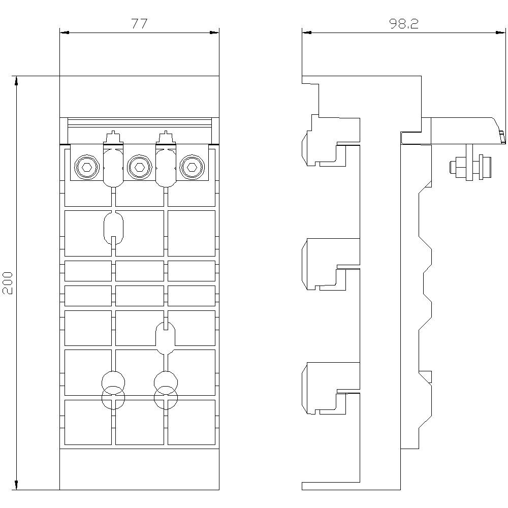 Technische Zeichnung eines elektrischen Bauteils mit Abmessungen: 77 x 200 und 98,2 Tiefe. Zeigt Vorder- und Seitenansicht.