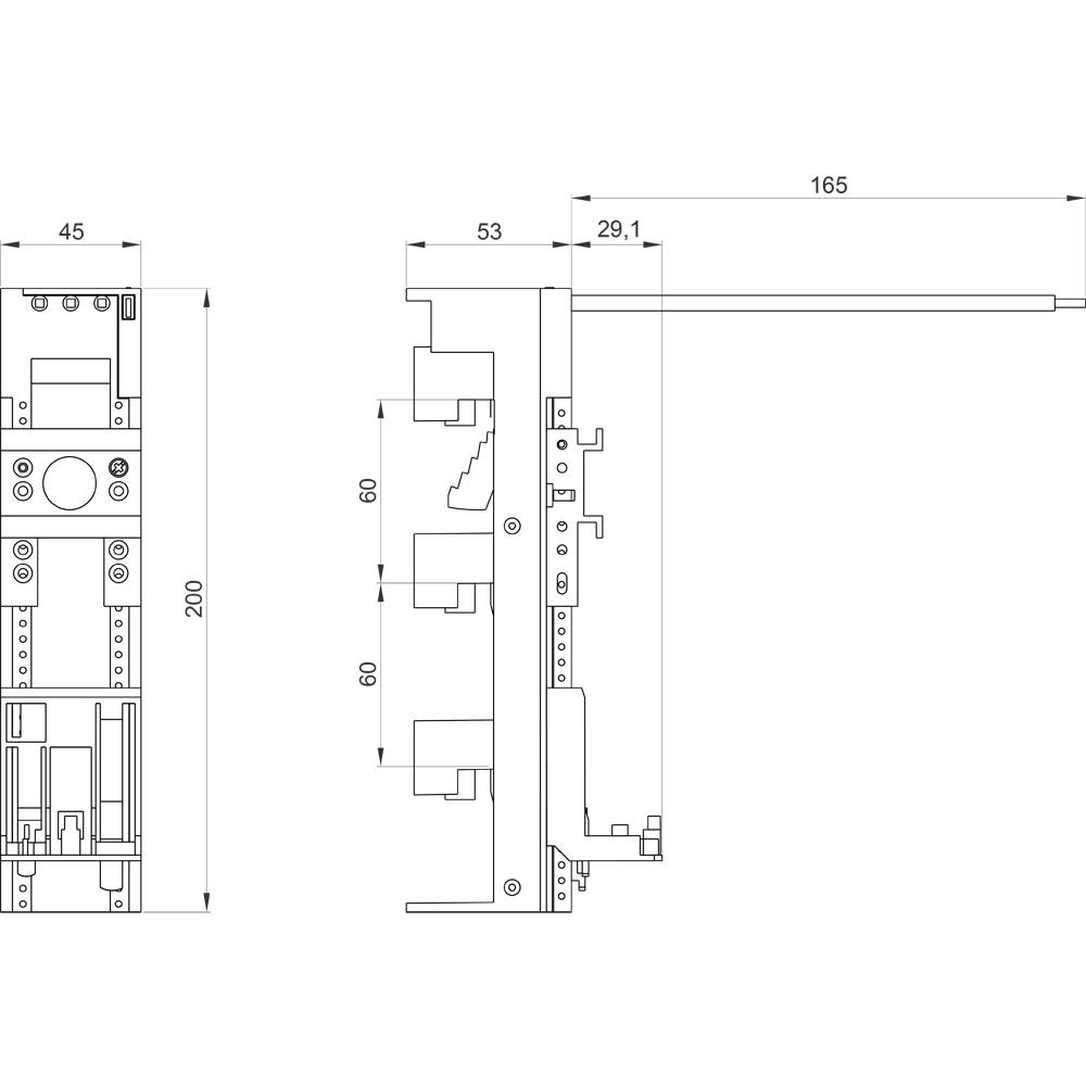 Technische Zeichnung einer elektrischen Schaltung mit Bauteilen und Abmessungen. Ansicht von vorne und der Seite mit spezifischen Größenangaben.