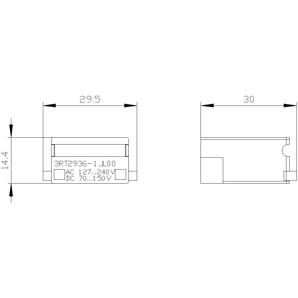 'Technische Zeichnung eines rechteckigen Geräts mit Maßen 29,5 mm x 14,4 mm x 30 mm, Aufschrift '3RT2936-1L00'.'