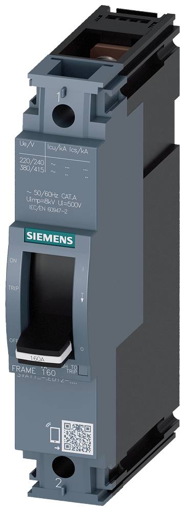 Ein elektrischer Siemens-Leistungsschalter in einem schwarzen und blauen Gehäuse, mit Hebelschalter für Ein/Aus-Funktion.
