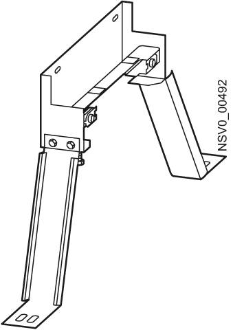 Eine technische Zeichnung eines Metallwinkels mit Schrauben zur Befestigung. Links zwei parallele Streben; rechts ein abgewinkelter Arm.