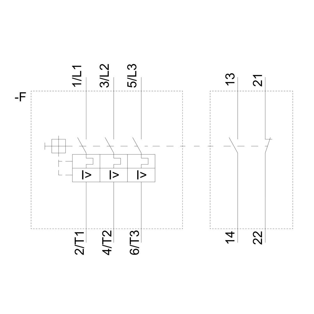 Elektro-Schaltplan mit zwei Kästen. Links: drei Schalter als '1/L1', '3/L2', '5/L3'. Rechts: drei Ausgänge '13', '14', '21'. Verbindende Linien zeigen den Fluss.