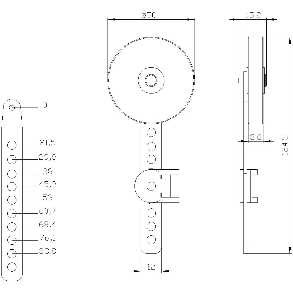 Technische Zeichnung einer Mechanik mit runder Scheibe oben, seitlich gezeigt. Maße und Abstände sind in Millimetern angegeben.