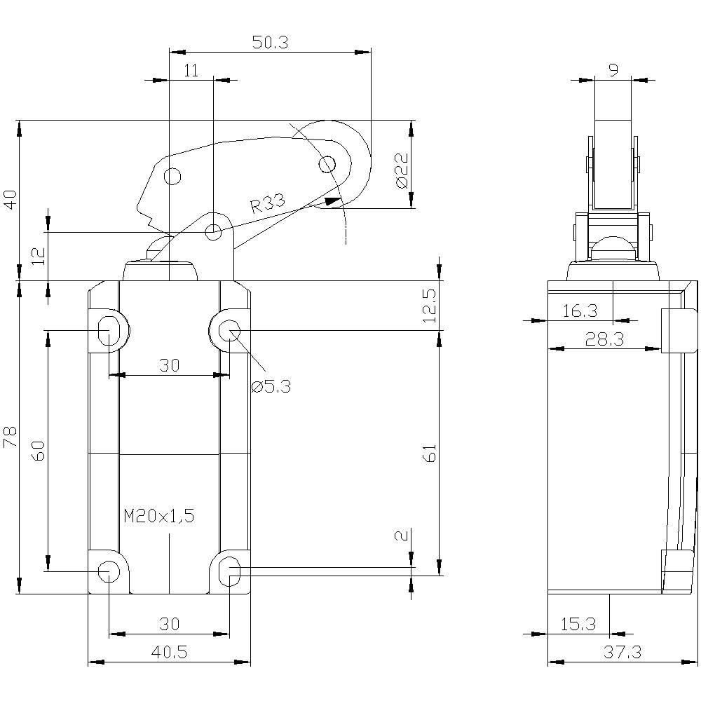 Technische Zeichnung eines mechanischen Bauteils mit detaillierten Maßen und Winkeln; zeigt Seiten- und Vorderansicht mit Montagedetails.