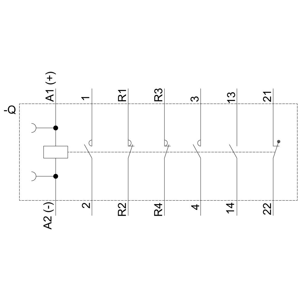 Schaltplan mit 11 Anschlüssen: A1 (+), A2 (-), 1 bis 4, R1 bis R4. Schalter verbindet A1 mit 1 und 3, A2 mit 2 und 4.