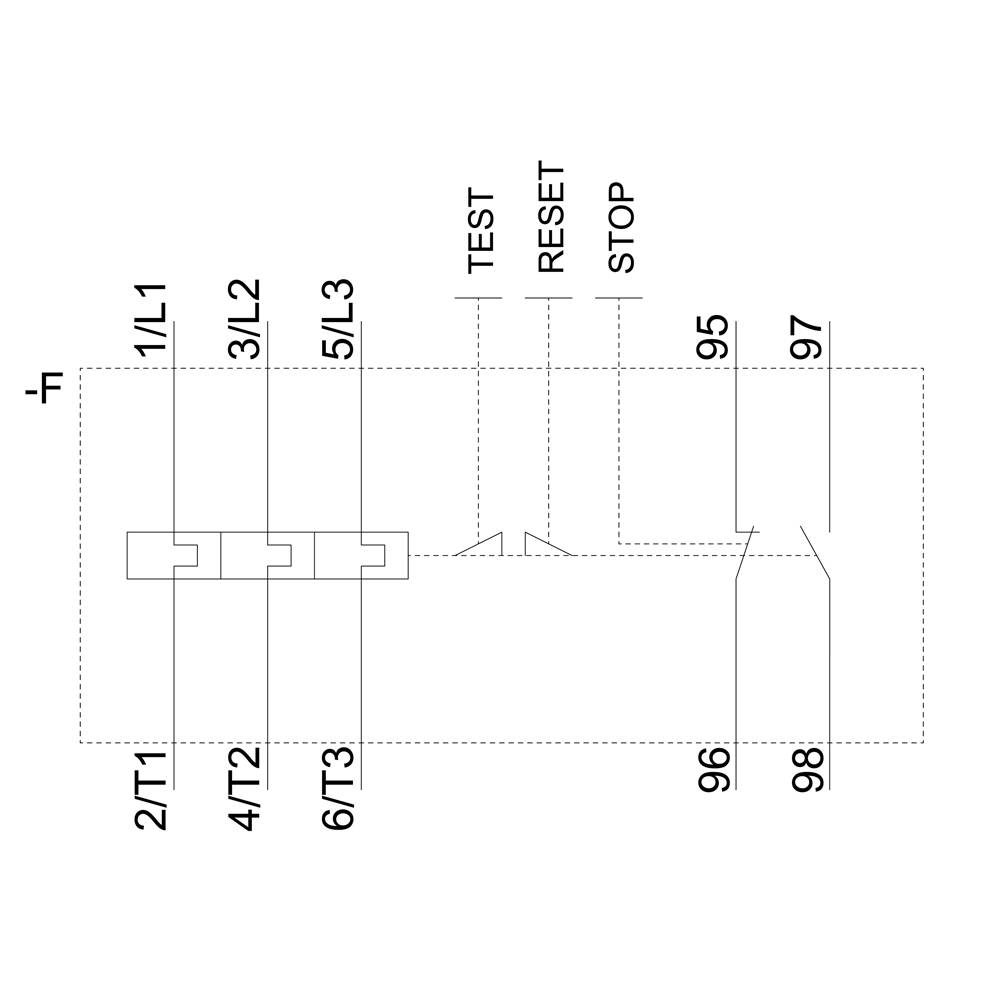 Schematisches Diagramm eines elektrischen Schalters mit Bezeichnungen: 1/L1, 3/L2, 5/L3, 2/T1, 4/T2, 6/T3. Funktionen: TEST, RESET, STOP.