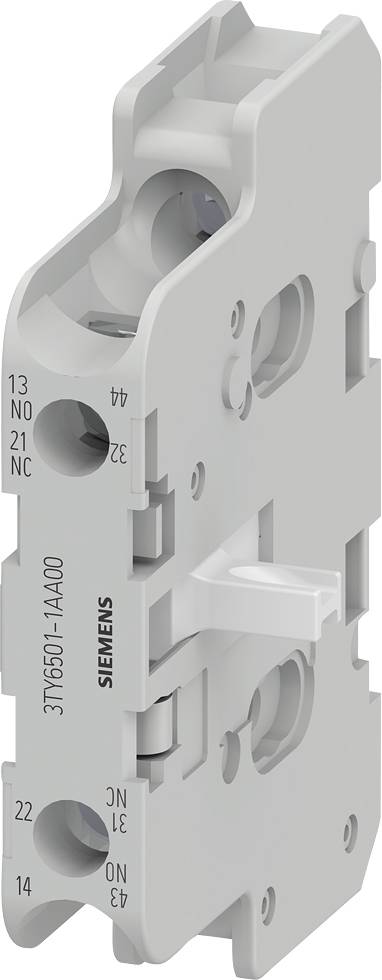 'Siemens 3TX6506-1A00', ein elektrisches Schaltschütz-Zubehör, grau, vertikale Ansicht.