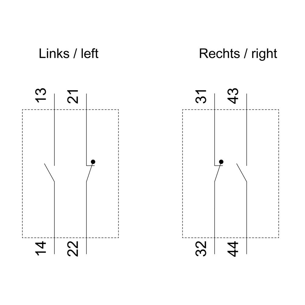 Diagramm mit zwei Schaltplänen: Links zeigt Verbindungen 13-14 und 21-22. Rechts zeigt Verbindungen 31-32 und 43-44.