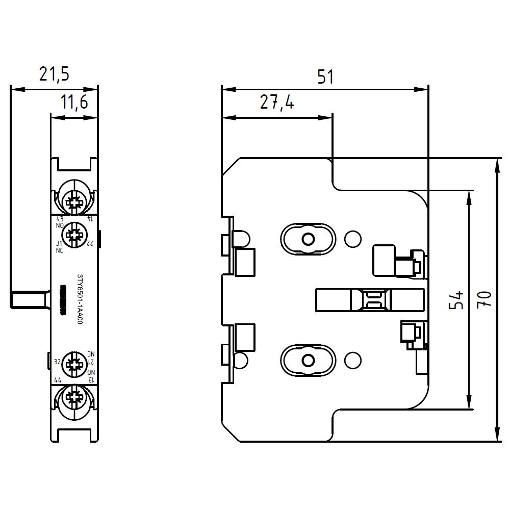 Technische Zeichnung eines elektrischen Schalters mit Maßen: Breite 21,6 mm, Tiefe 54 mm, Höhe 70 mm. Anzeigen von Schrauben und Anschlusspunkten.